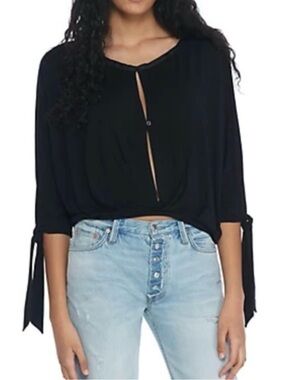 Free People Keepin On Tie Sleeve Top Blouse Button Front Black Long Sleeve Small